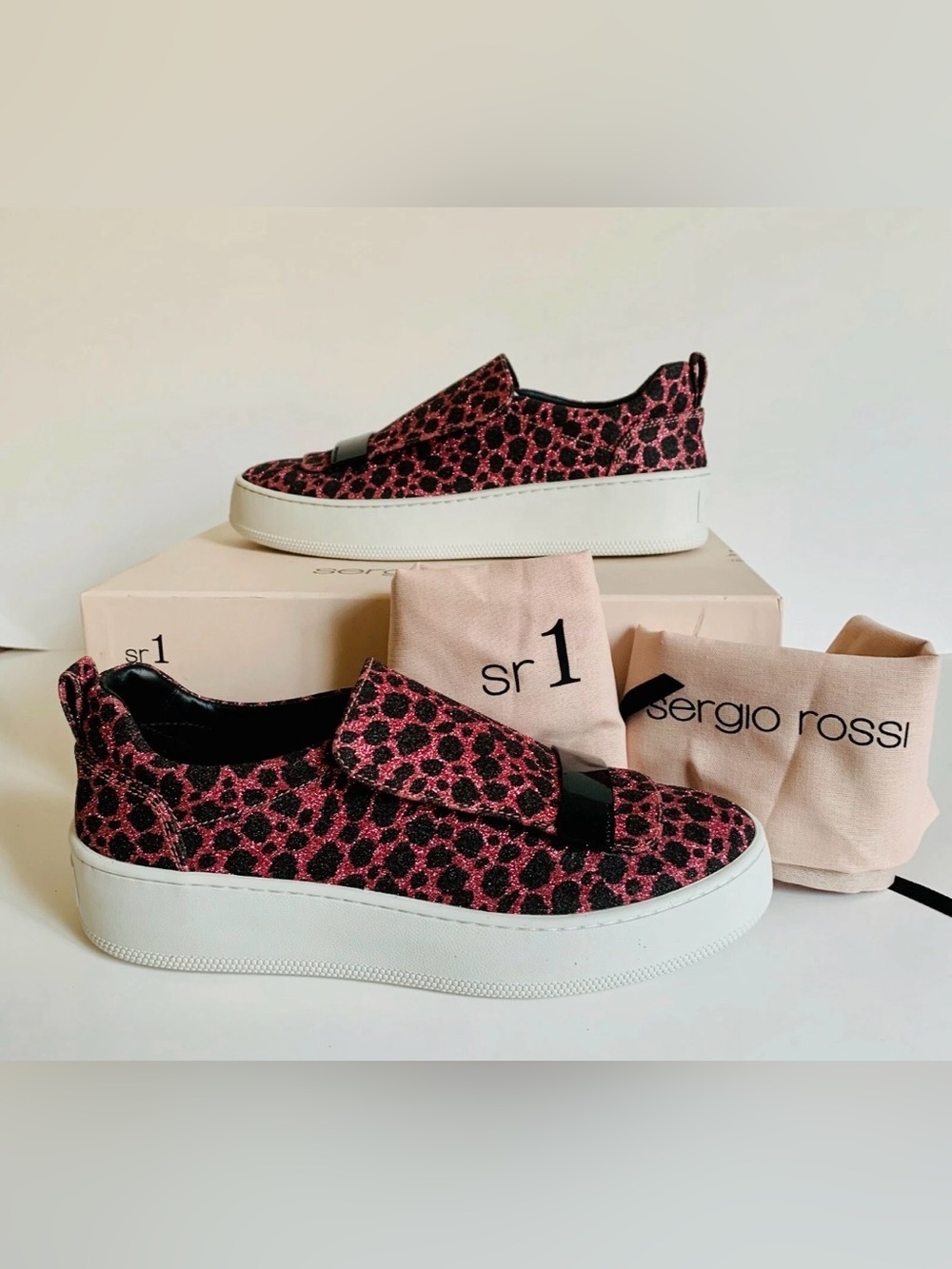 Sergio Rossi Pink and Black Leopard Slip-On Platform Sneakers